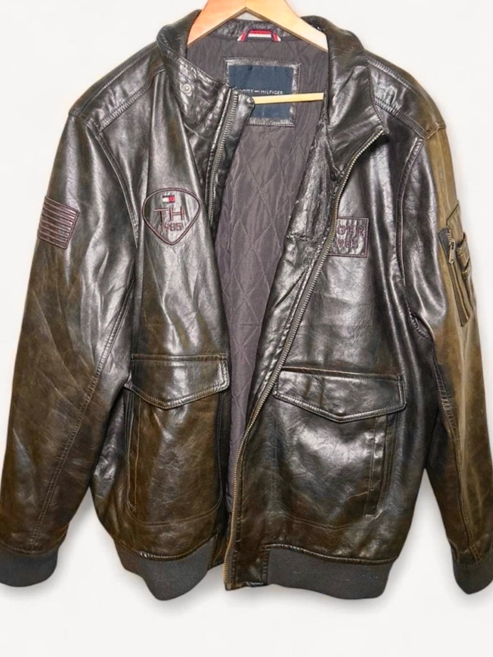 Tommy Hilfiger Men’s Aviator Bomber Leather Jacket Vintage Dark Brown XXL